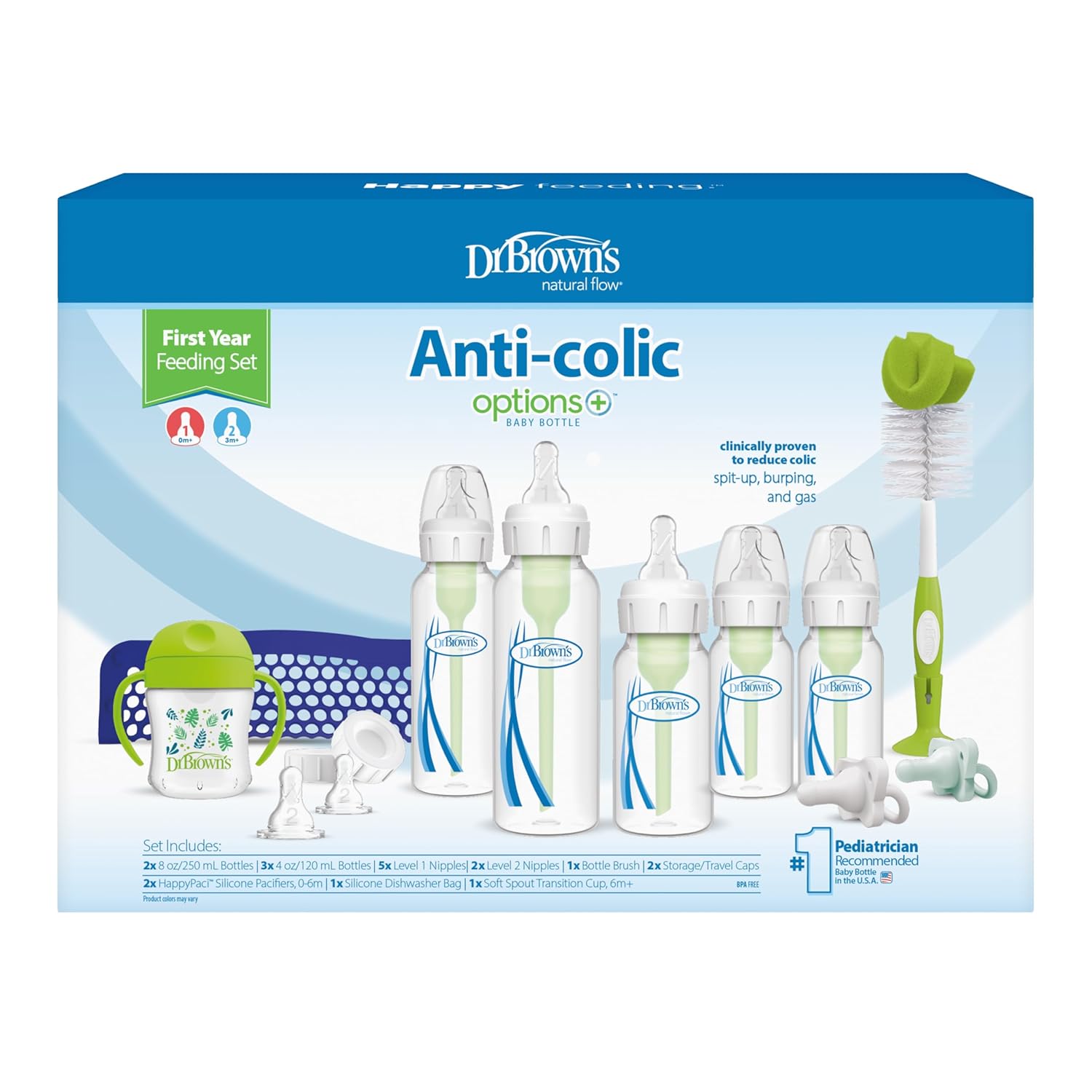 Natural Flow Anti-Colic Options+ First Year Feeding Set with Newborn Baby Bottles, Soft Spout Transition Cup, Bottle