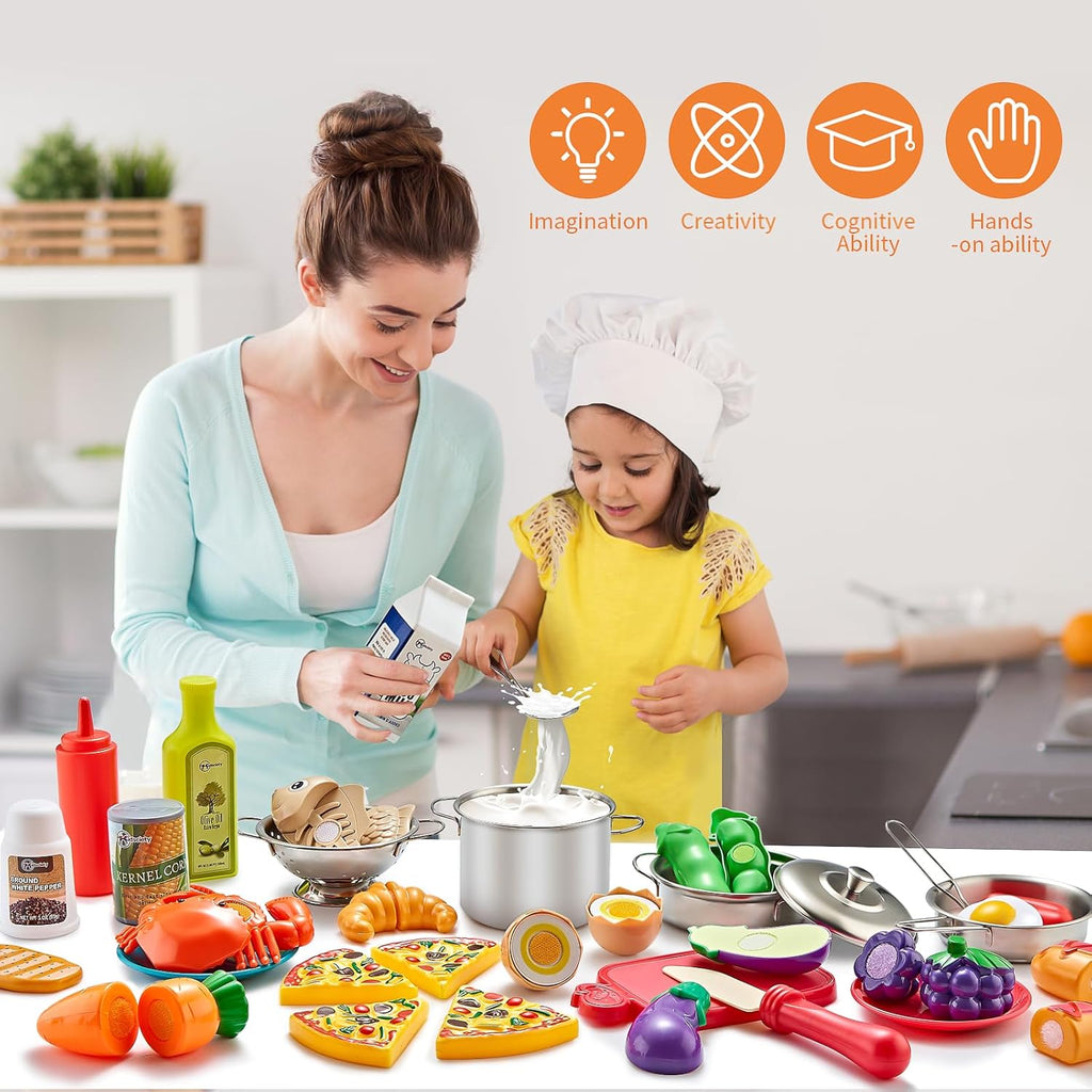 Pretend Play Accessories - 52pc Kids Kitchen Playset with Play Food, Stainless Steel Cookware, Toys Pots and Pans