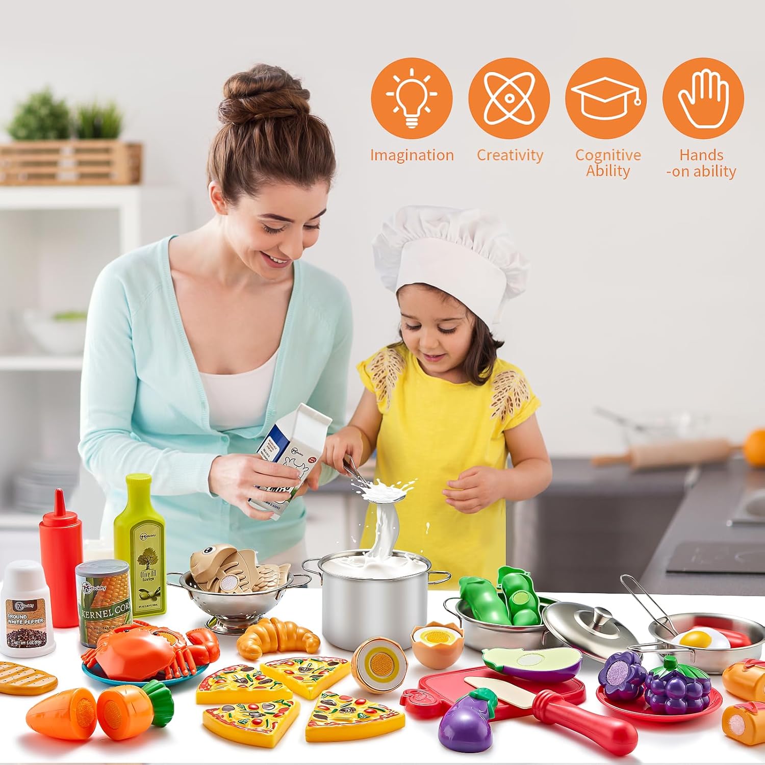 Pretend Play Accessories - 52pc Kids Kitchen Playset with Play Food, Stainless Steel Cookware, Toys Pots and Pans