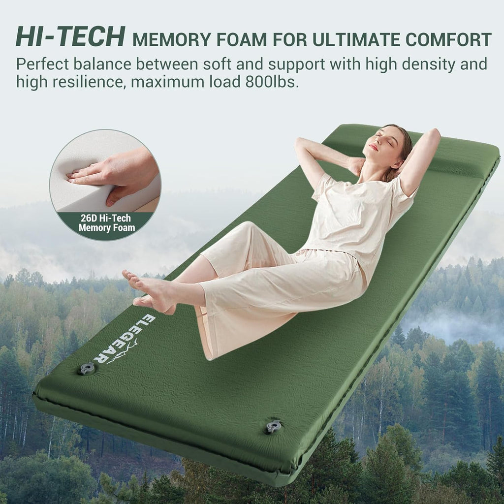 Self Inflating Sleeping Pad with Pillow 26D Memory Foam 3.15" | CumbreX Insulated Camping Mattress Pad, Fast