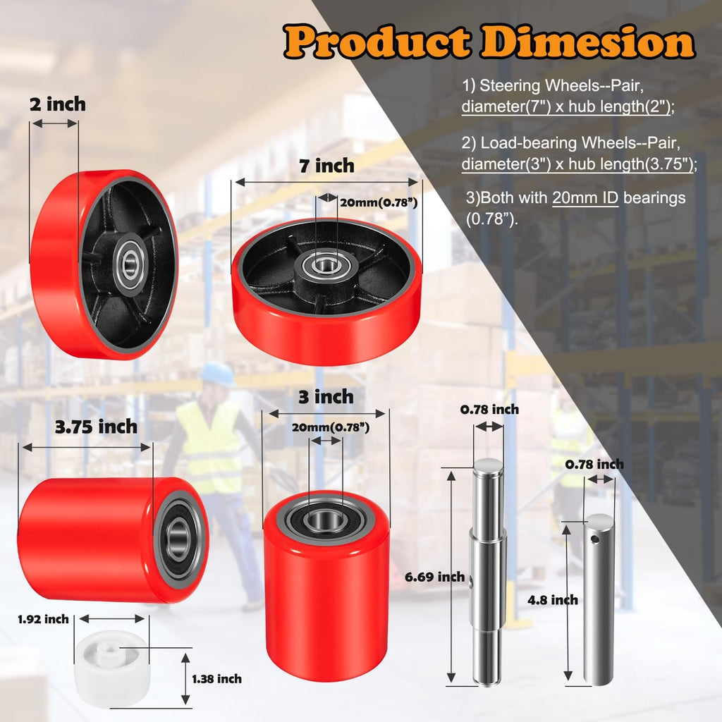 Pallet Jack/Truck Full Wheel Replacement Kit, Pair Steering Wheels (7"x 2"), Pair Front Load Roller(3" x 3.75"), with