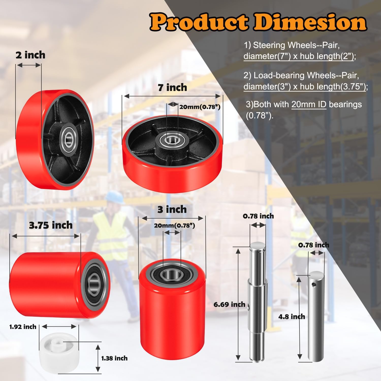 Pallet Jack/Truck Full Wheel Replacement Kit, Pair Steering Wheels (7"x 2"), Pair Front Load Roller(3" x 3.75"), with