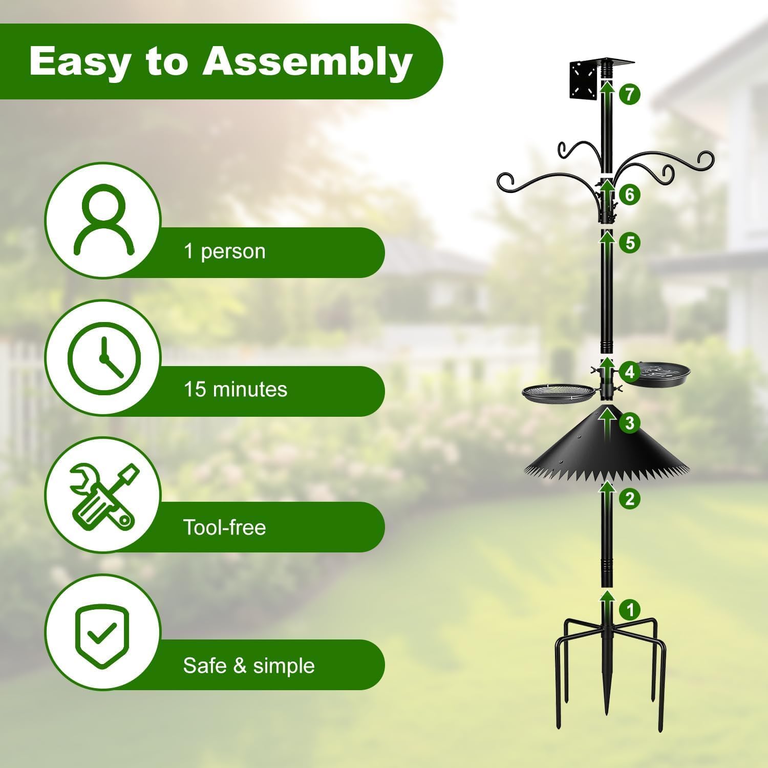 Bird Feeder Pole, 93 Inch Heavy Duty Birdhouse Pole with Spiked Baffle & 2 Tray, Adjustable Wild Bird Feeding Station
