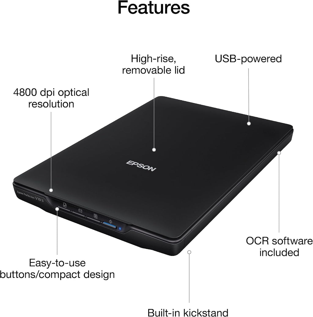 Perfection V19 II Flatbed Photo Scanner 4800 dpi Optical Resolution | USB Power High-Rise Removable Lid for Documents