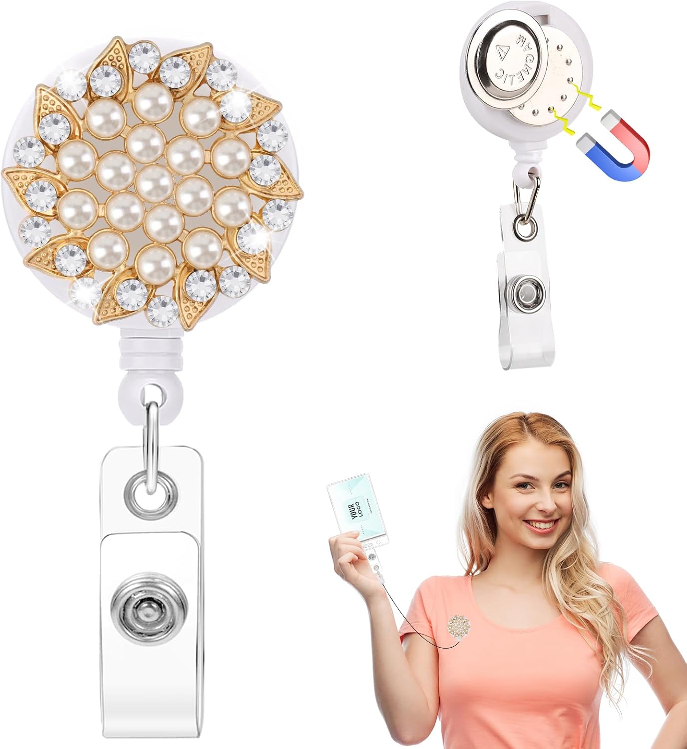 Flower Magnetic Badge Holder Retractable Badge Reel Diameter 1.26" Pearl Gold Flower Magnetic ID Badge Clip Magnet