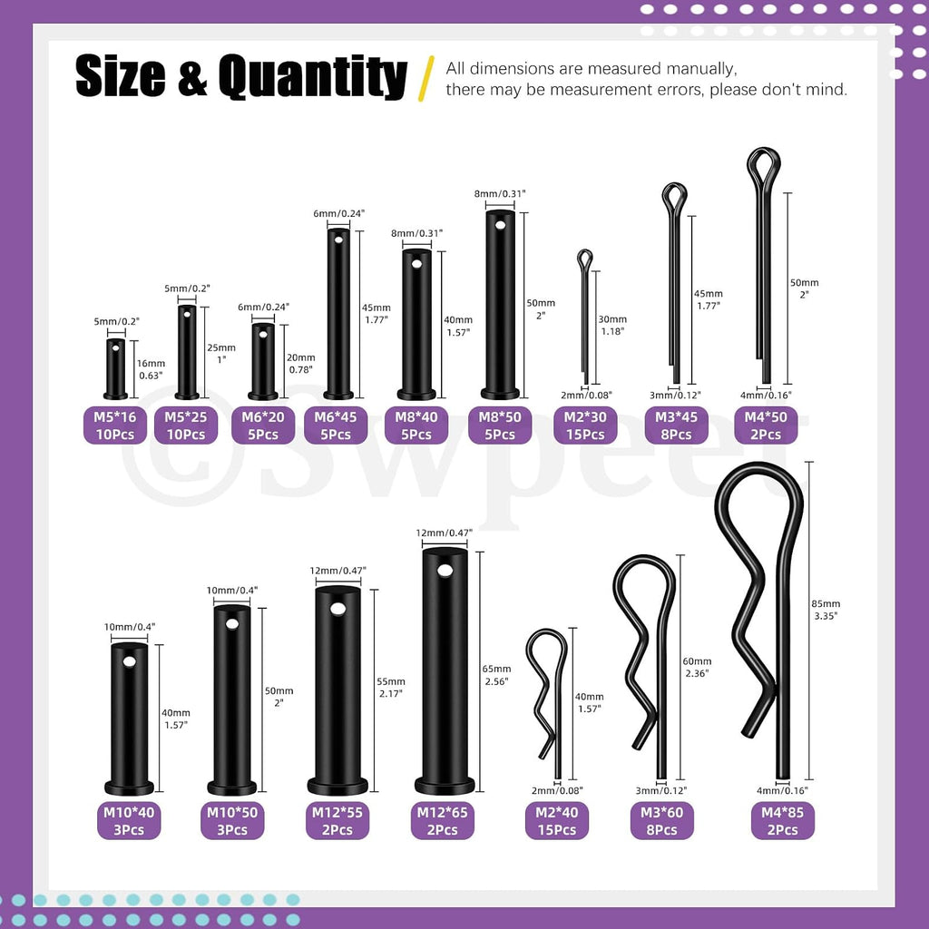 100Pcs 10 Sizes Clevis Pins with Cotter Pin Assortment Kit, Single Hole Flat Head Clevis Pins, R Pins, Hairpin