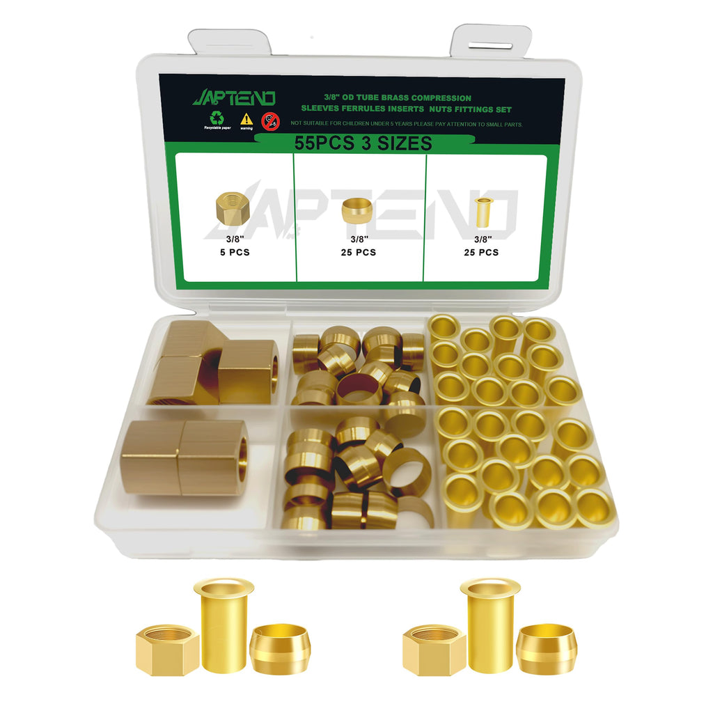 Japtend 55pcs 3/8" Brass Compression Sleeves Ferrules Inserts Nuts Fittings