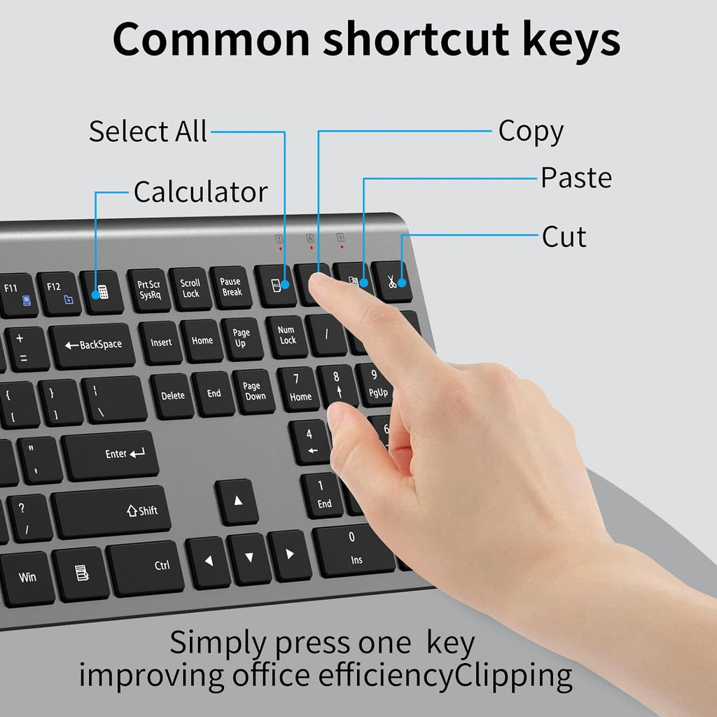 Slim Silent Full Size Wireless Keyboard Mouse Combo Space Grey | With calculator key, 2400 DPI quiet mouse, USB
