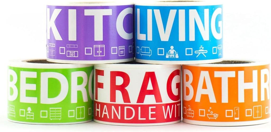 250 Home Moving Labels for 1 Bedroom — 5 Color-Coded Room Labels (50 Each) + Fragile Stickers for Moving Boxes