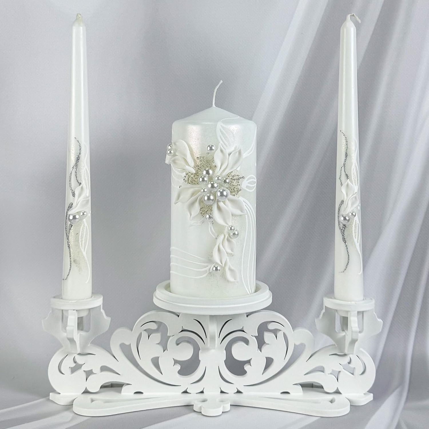 Pearl Bloom Unity Candle Set for Wedding Ceremony, Handmade White Floral Wedding Unity Candles, Unscented 6" Pillar &