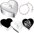 2 Pcs Heart Jewelry Keepsake Box and Pink Baby Rosary Baptism Gift, Silver Toned Jewelry Box with Engraved Cross Baby