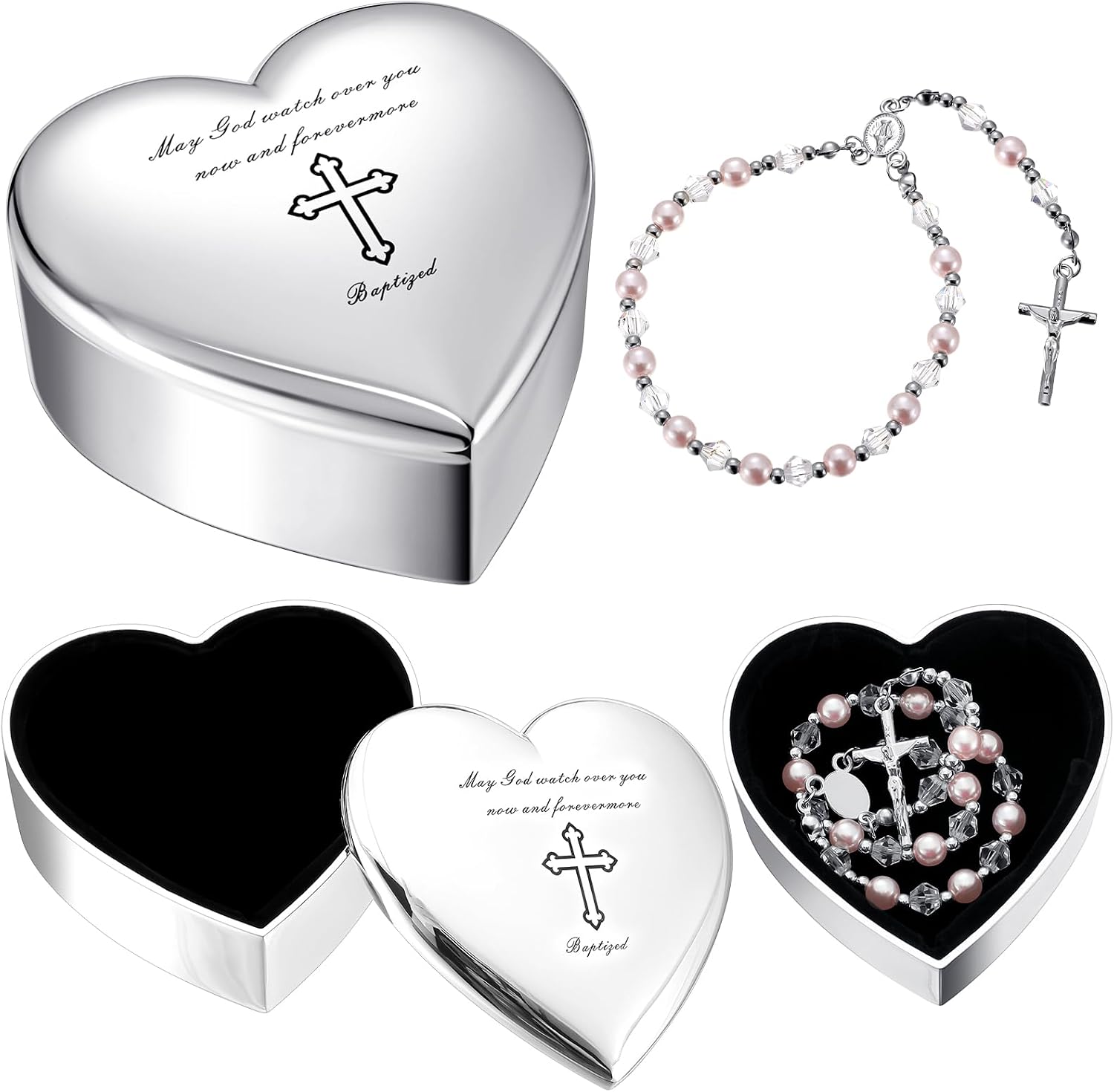 2 Pcs Heart Jewelry Keepsake Box and Pink Baby Rosary Baptism Gift, Silver Toned Jewelry Box with Engraved Cross Baby