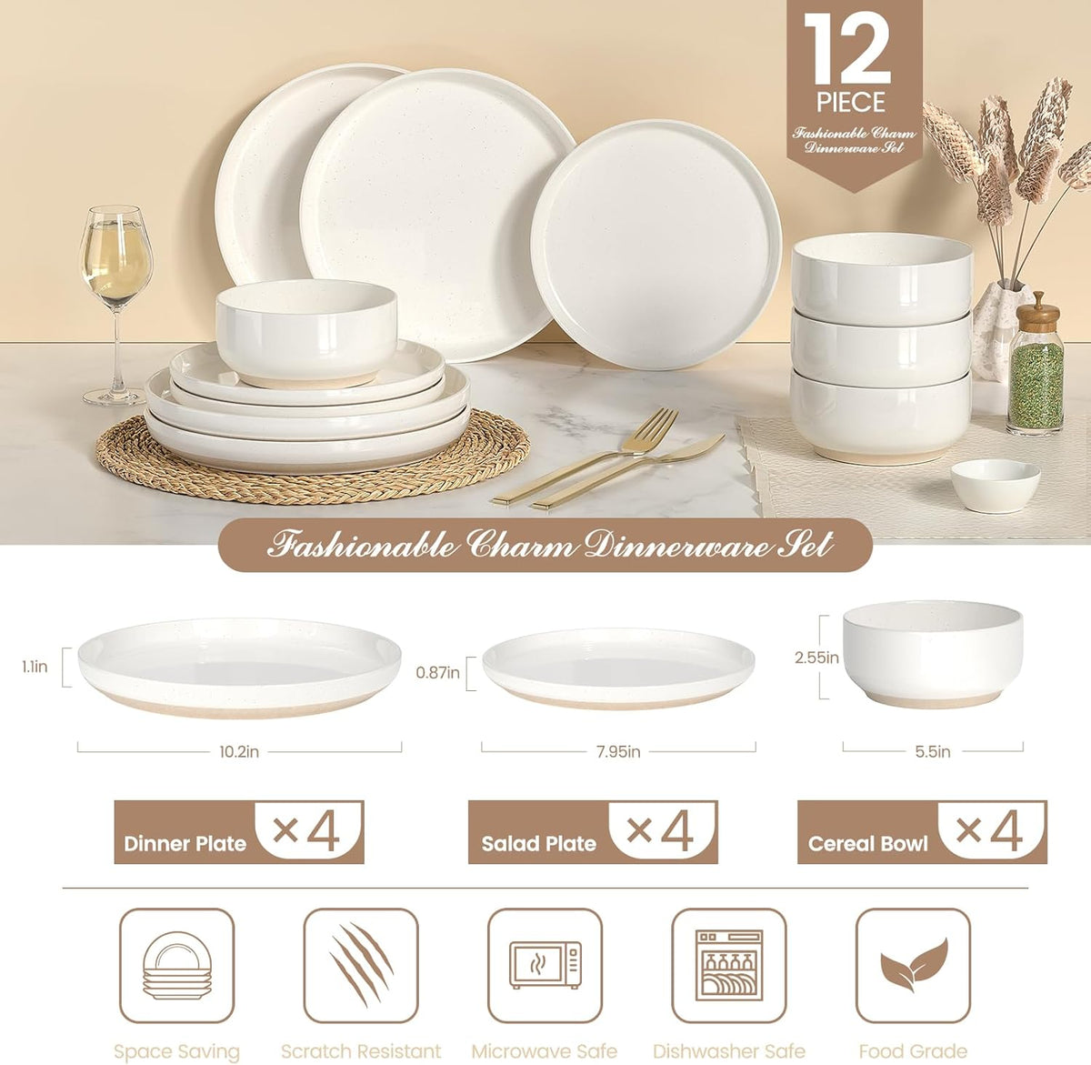 Dinnerware Set for 4, 12 Pieces Plates and Bowls Set