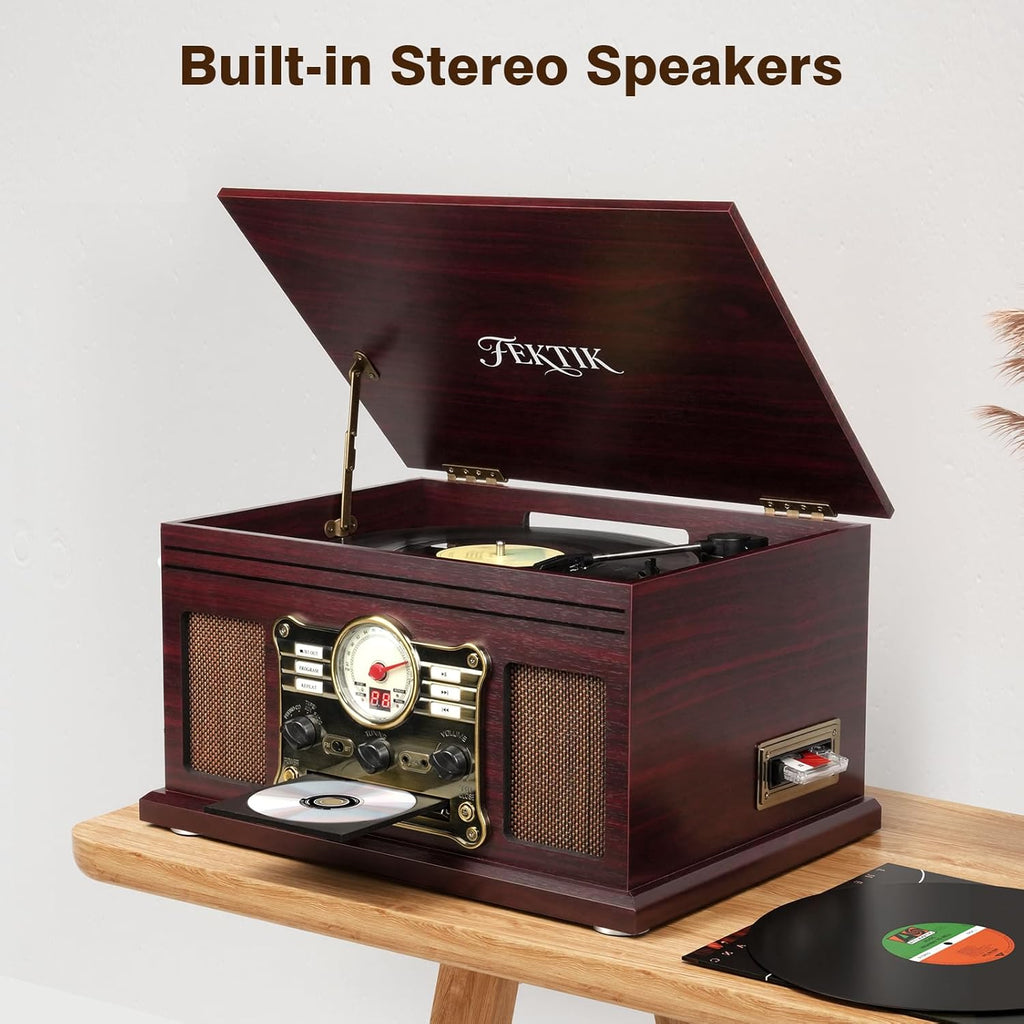 Bluetooth Record Player 10 in 1, 3-Speed Belt-Drive Turntable with Speakers, Bluetooth Input & Output, CD, Cassette