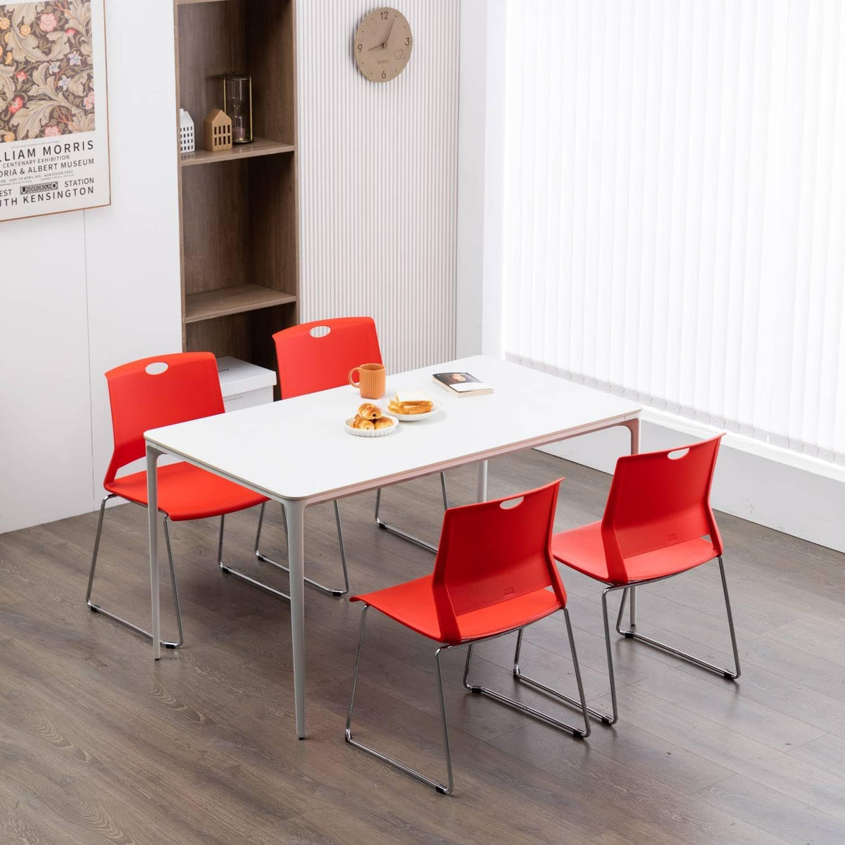 Red Stacking Chairs Set of 4, Hard Plastic Stackable Chair Armless
