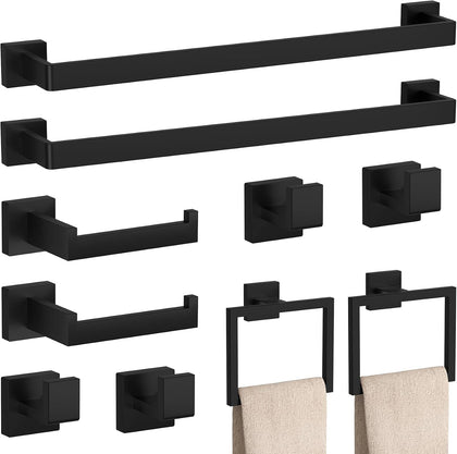 10-Pieces Matte Black Bathroom Accessories Set 23.6 Inch Towel Bar Set. | SUS 304 Stainless Steel Bathroom Hardware