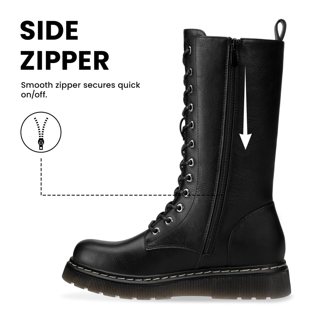 Women's Combat Boots Lace Up Mid Calf Black Boots with Side Zip