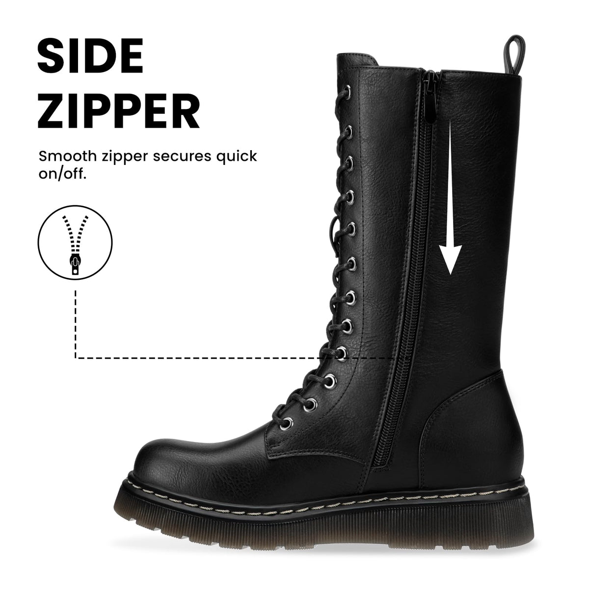 Women's Combat Boots Lace Up Mid Calf Black Boots with Side Zip