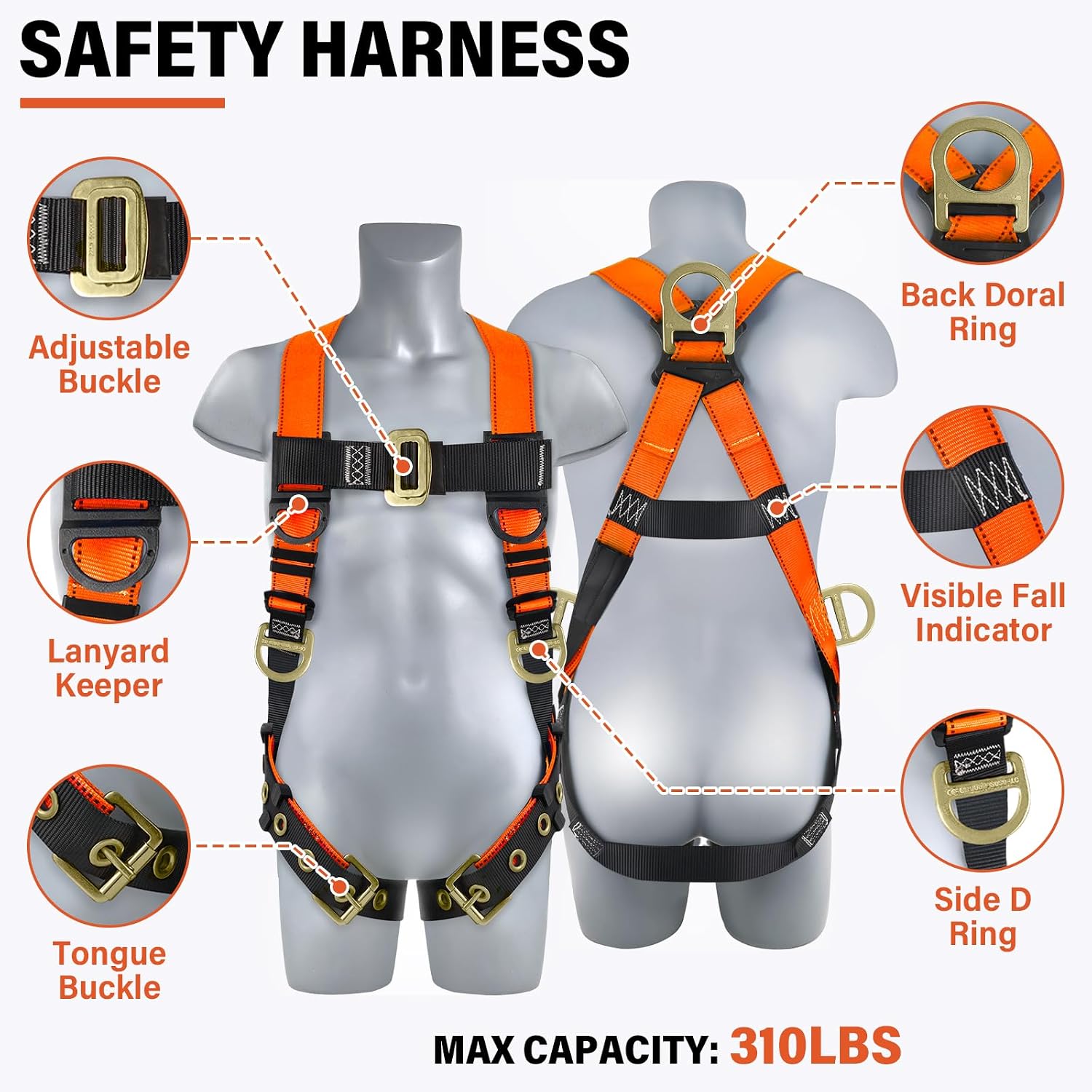 Safety Harness Fall Protection Kit - Roofing Harnesses 50ft Safety Rope | Safety Rope for Roofing Lanyard Kit 5