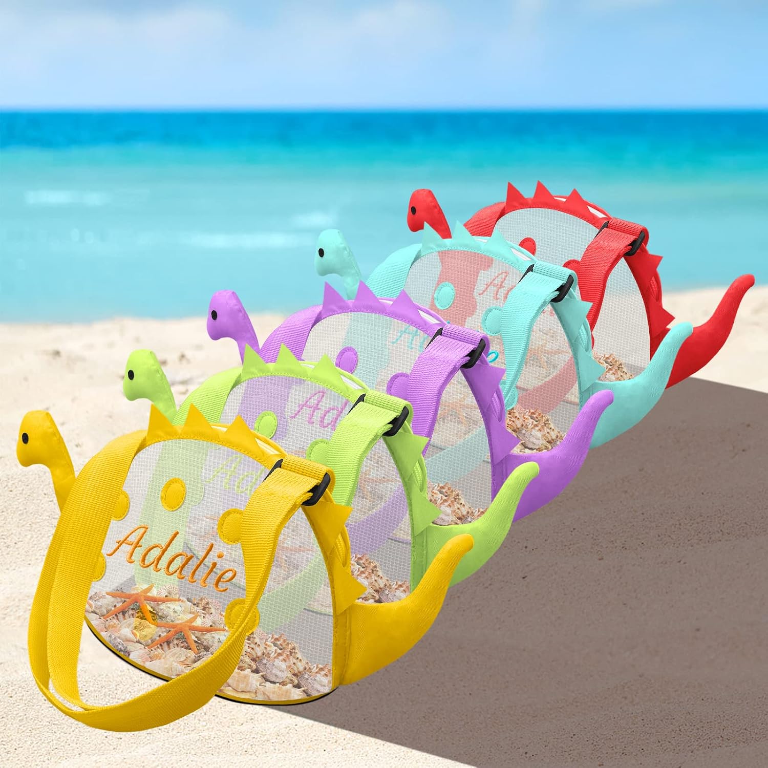 Beach Shell Bags Kids Mesh Personalized 3 Pack Dinosaur Shaped Shell Collecting Bag Kids Beach Toys Organizer with