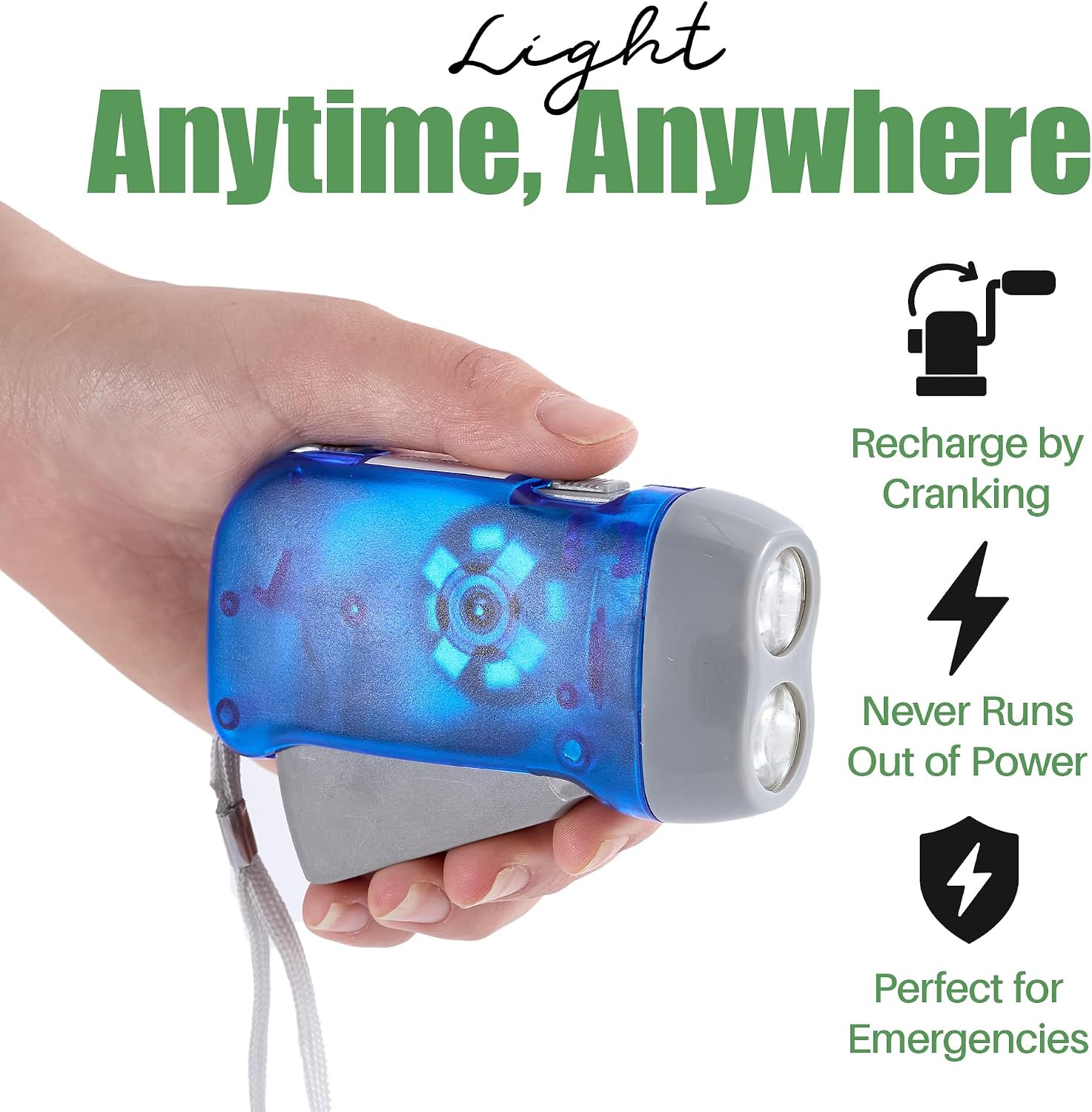 4-Pack Hand Crank Flashlights for Emergencies, Double LED | Hand-press crank generates power without batteries;
