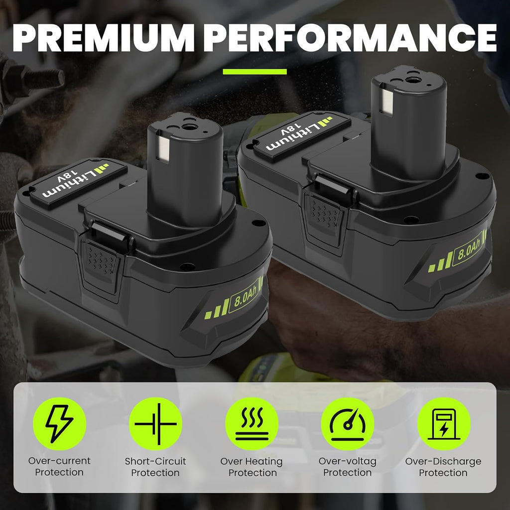 2 Pack 8.0Ah P108 Replacement for Ryobi 18 Volt Battery and P117 Charger