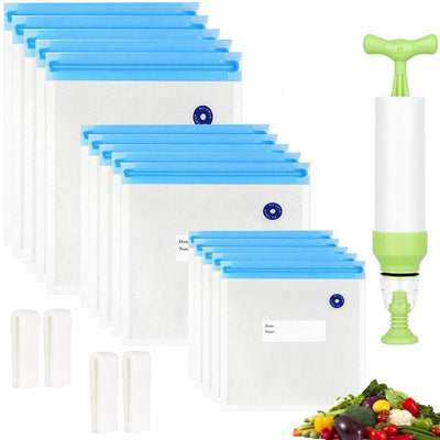 Reusable Sous Vide Bags 3 Sizes - 20 Pack with Hand Pump, Sealing Clips for Sous Vide Cooking and Food Storage (Blue