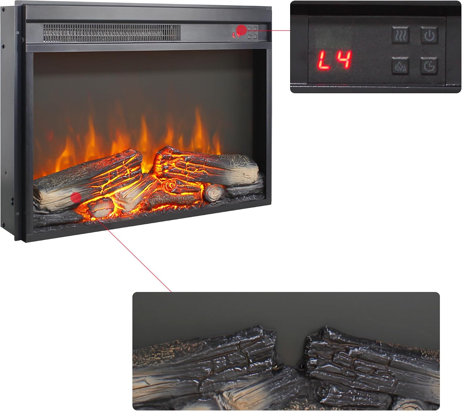 23" Electric Fireplace Insert with Real Fire Crackling Sound, Adjustable Flame & Thermostat, 1400W, 4 Adjustable