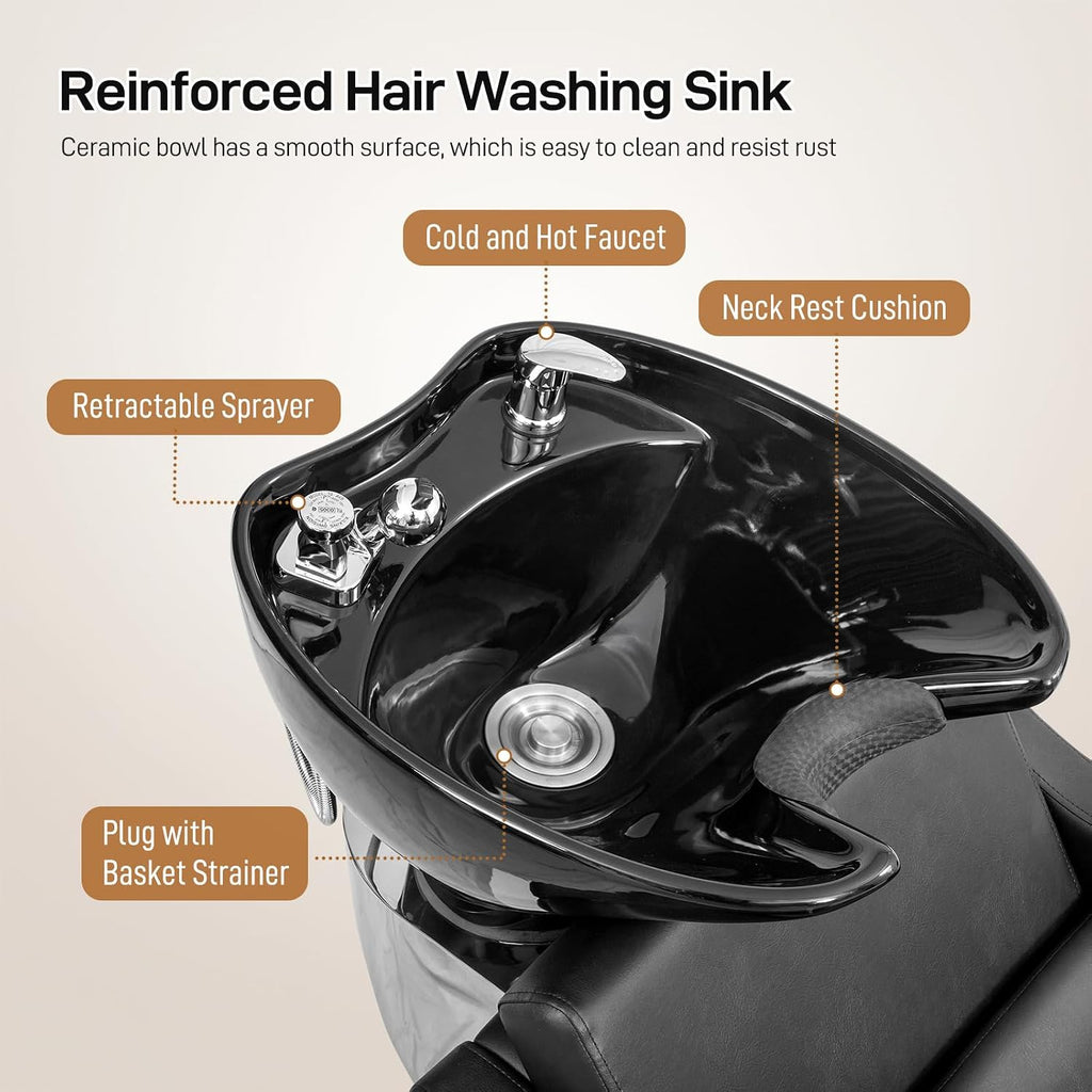 Shampoo Backwash Barber Chair for Barber Shop, Black | Ceramic Hair Wash Bowl Sink, Adjustable Leg Baffle, Reclining