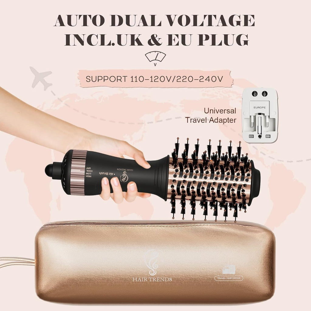 120-240V Travel Brush Hair Dryer, Small Hair Straightener Brush with European Plug Adapter for International Travel