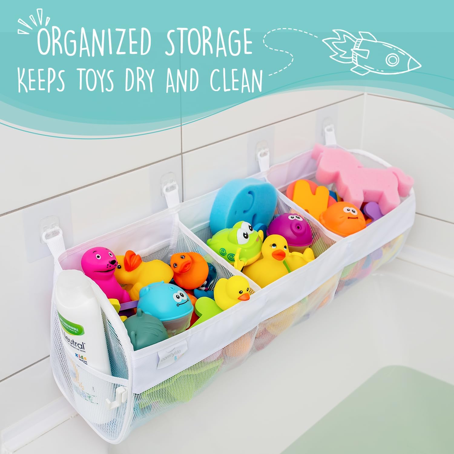 Large Bath Toy Organizer – 3 Compartment Bath Toy Holder for Bathtub & Shower – Quick-Dry Mesh with 4 Strong Adhesive