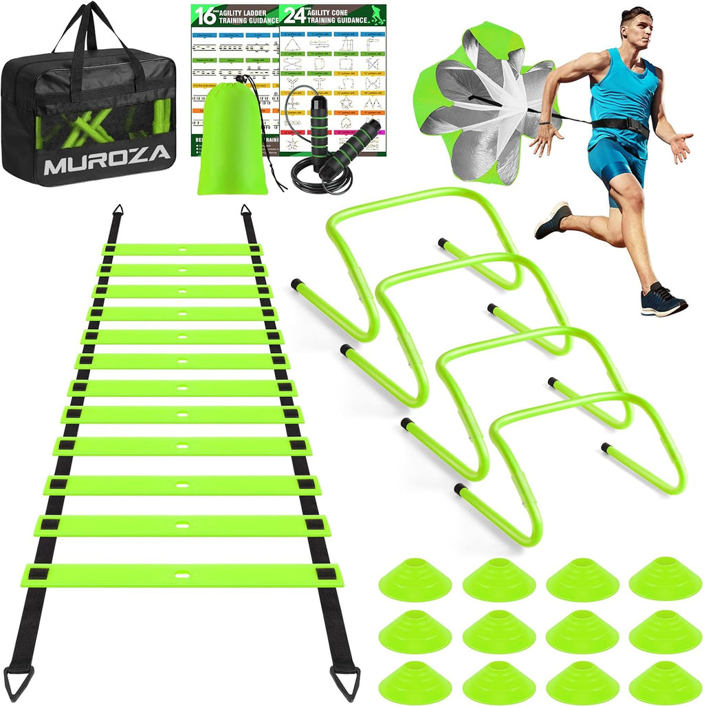 Agility Ladder, Agility Speed Training Equipment Set, 20ft Speed Ladder | 4 Hurdles, 12 Soccer Cones, Jump Rope