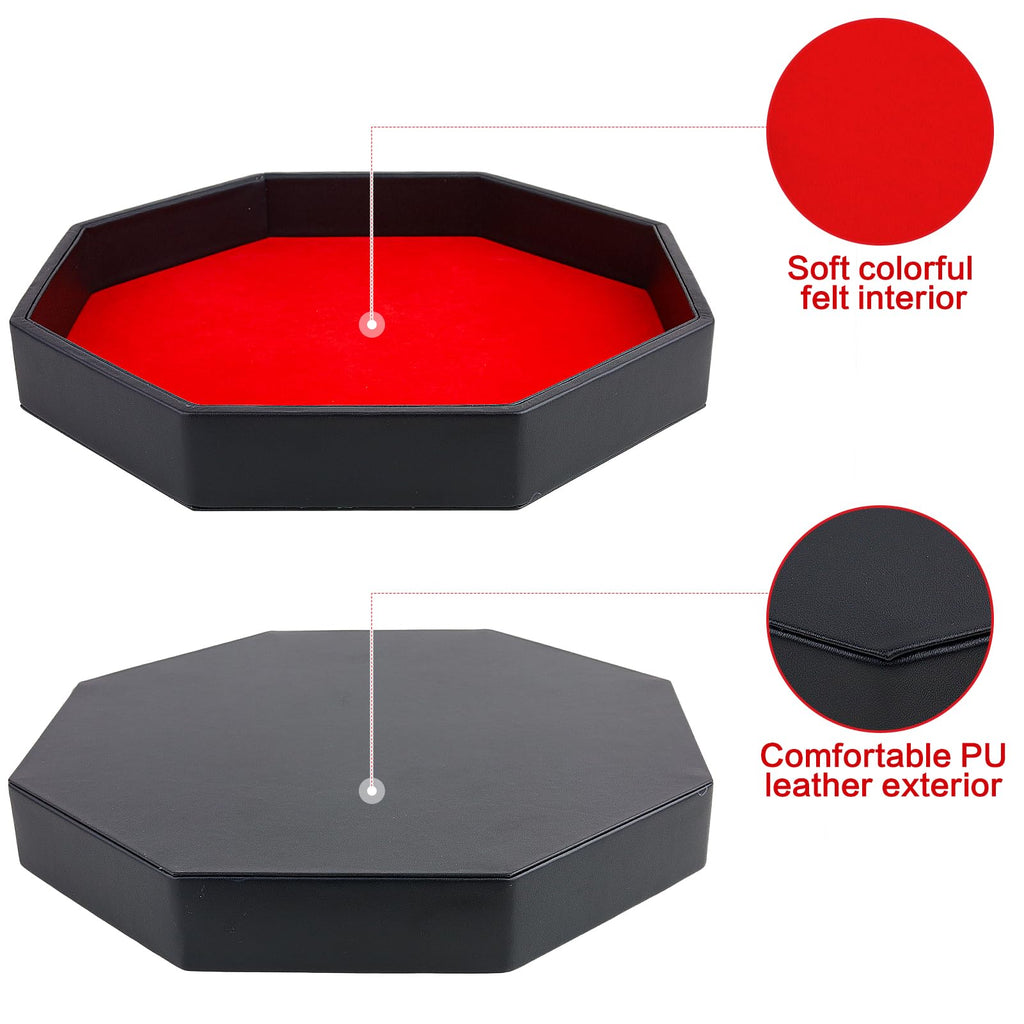 Dice Rolling Tray, Felt Lined PU Leather Octagon Dice Tray for Dungeon Crawler Games, Red