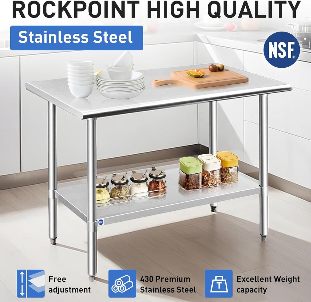 Stainless Steel Table for Prep & Work 24x48 Inches, NSF Metal Commercial Kitchen Heavy Duty Table with Adjustable
