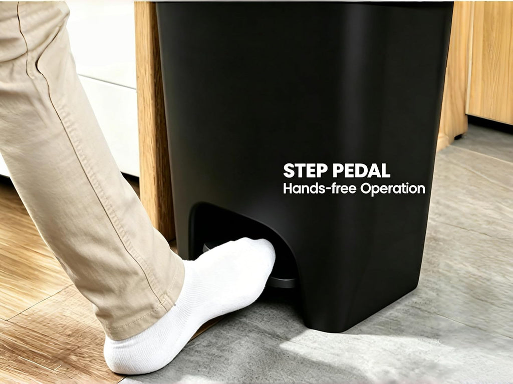 12.1 Gal Kitchen Trash Can 16.6"x13.2"x24.8" Black Step Bin w/Lid Pedal | Matte plastic, fingerprint-proof.
