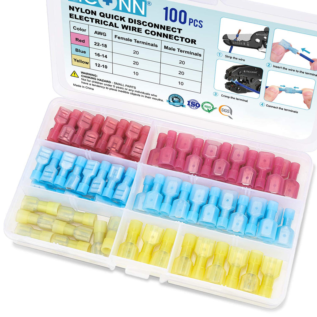 100 Pcs Nylon Spade Quick Disconnect Connectors Kit, Electrical Insulated Terminals, Male and Female Spade Wire Crimp