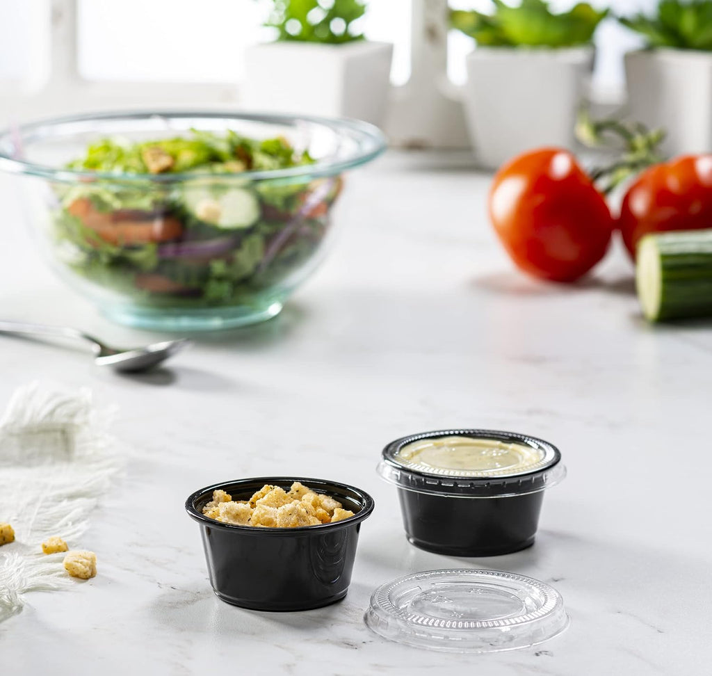 2 oz - Black Diposable Plastic Portion Cups With Lids, Small Mini 100 Sets