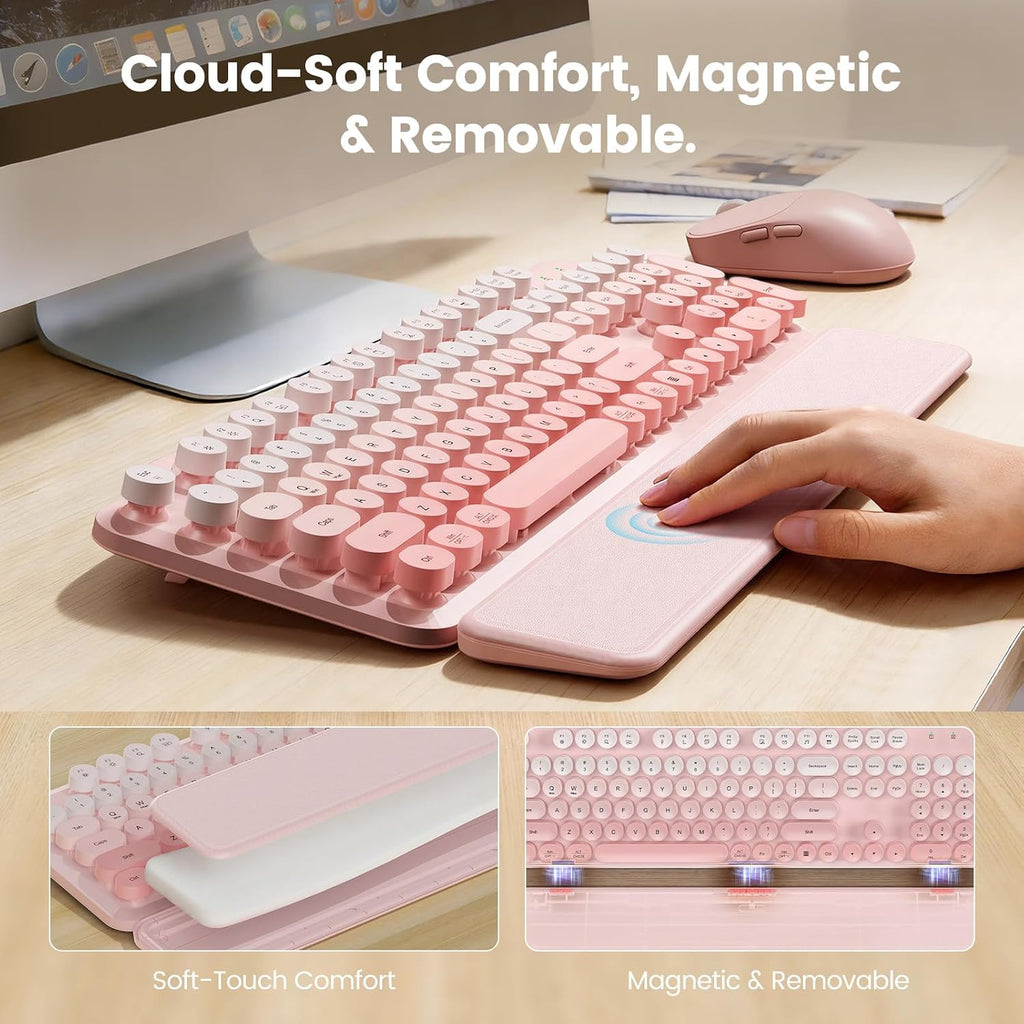 Wireless Keyboard and Mouse Combo, Magnetic Soft-Touch Wrist Rest, Pink | Round Keycaps, Full-Size Typewriter Style