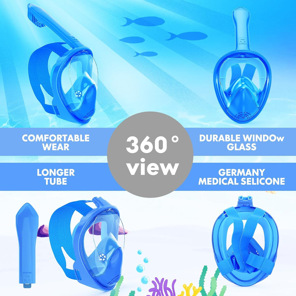 Kids Snorkel Mask Full Face, Snorkeling Gear for Kids with Camera Mount, 180 Degree Panoramic View Snorkeling Set