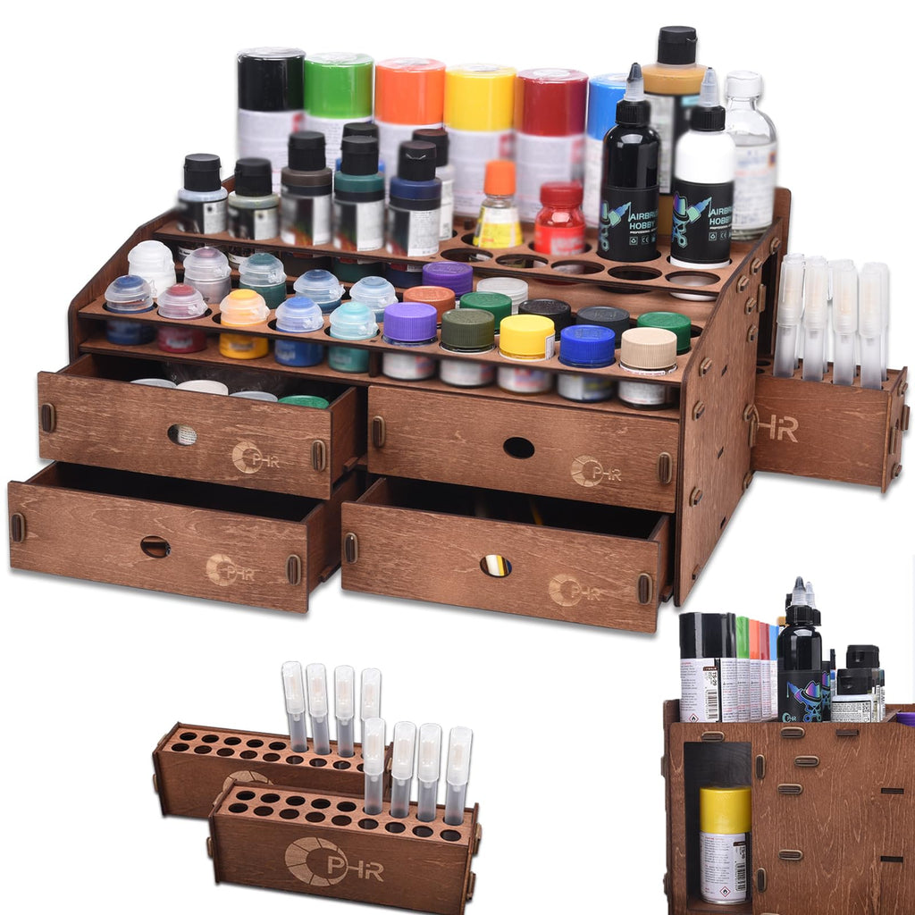 Paint Organizer Rack, Wooden Paint Holder with 48 Holes & 4 Drawers