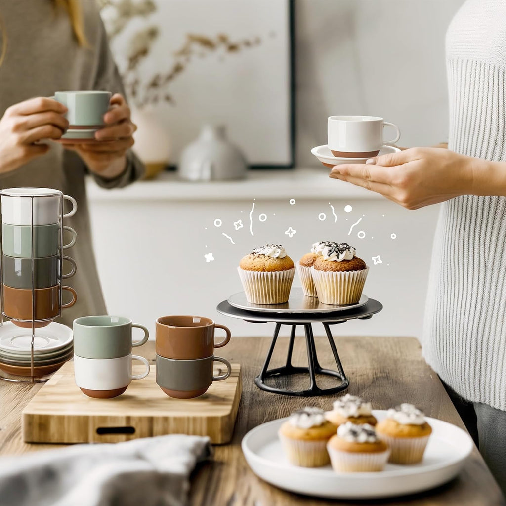 2.5 Ounce Espresso Cups Set of 4, Porcelain Stackable Coffee Cups with Saucers and Metal Stand, Earthy Spectrum