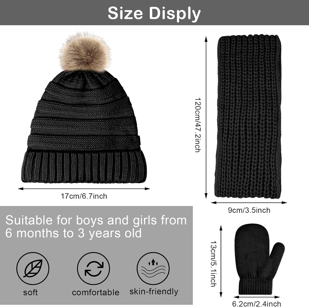 Kids Winter Hats Gloves Scarf Set Baby Mittens Gloves with Pompom Baby Winter Hat Toddler Beanie Hat for Boy Girl
