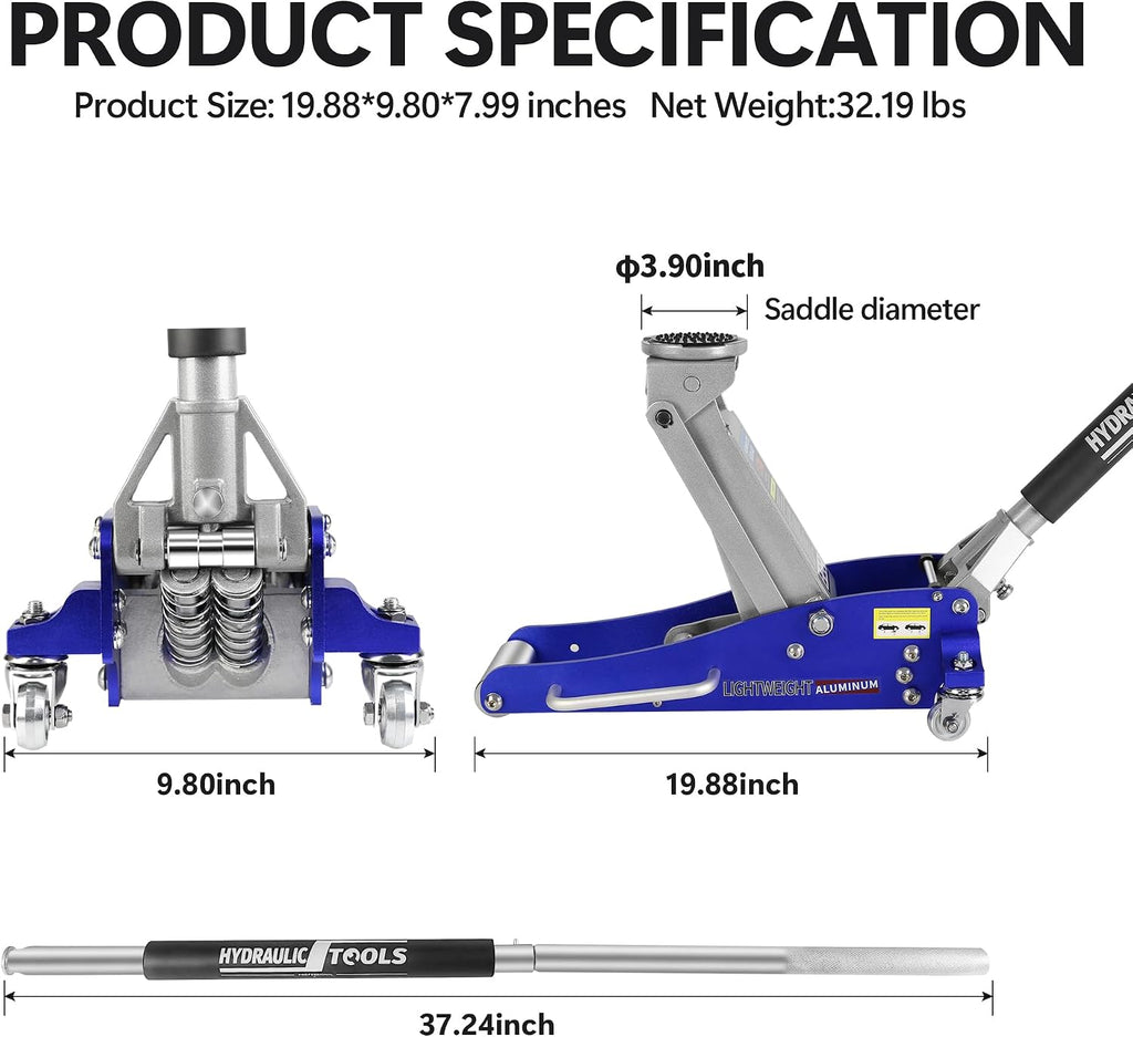 Floor Jack 1.5 Ton Hydraulic Low Profile Aluminum and Steel Car Jack, Lightweight Service Jack with Quick Lift Dual