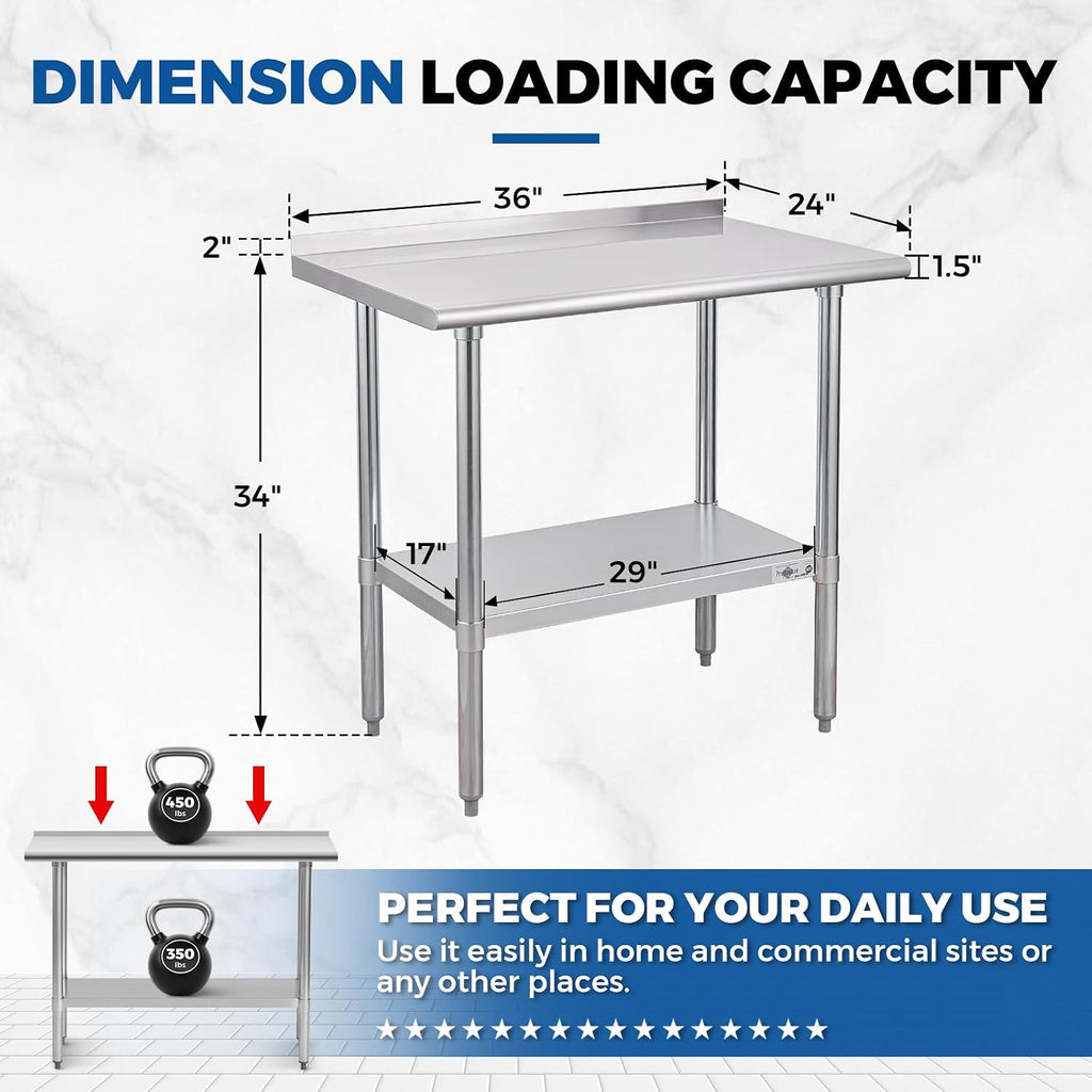 Stainless Steel Prep Table 24''x36'' Workbench with Backsplash