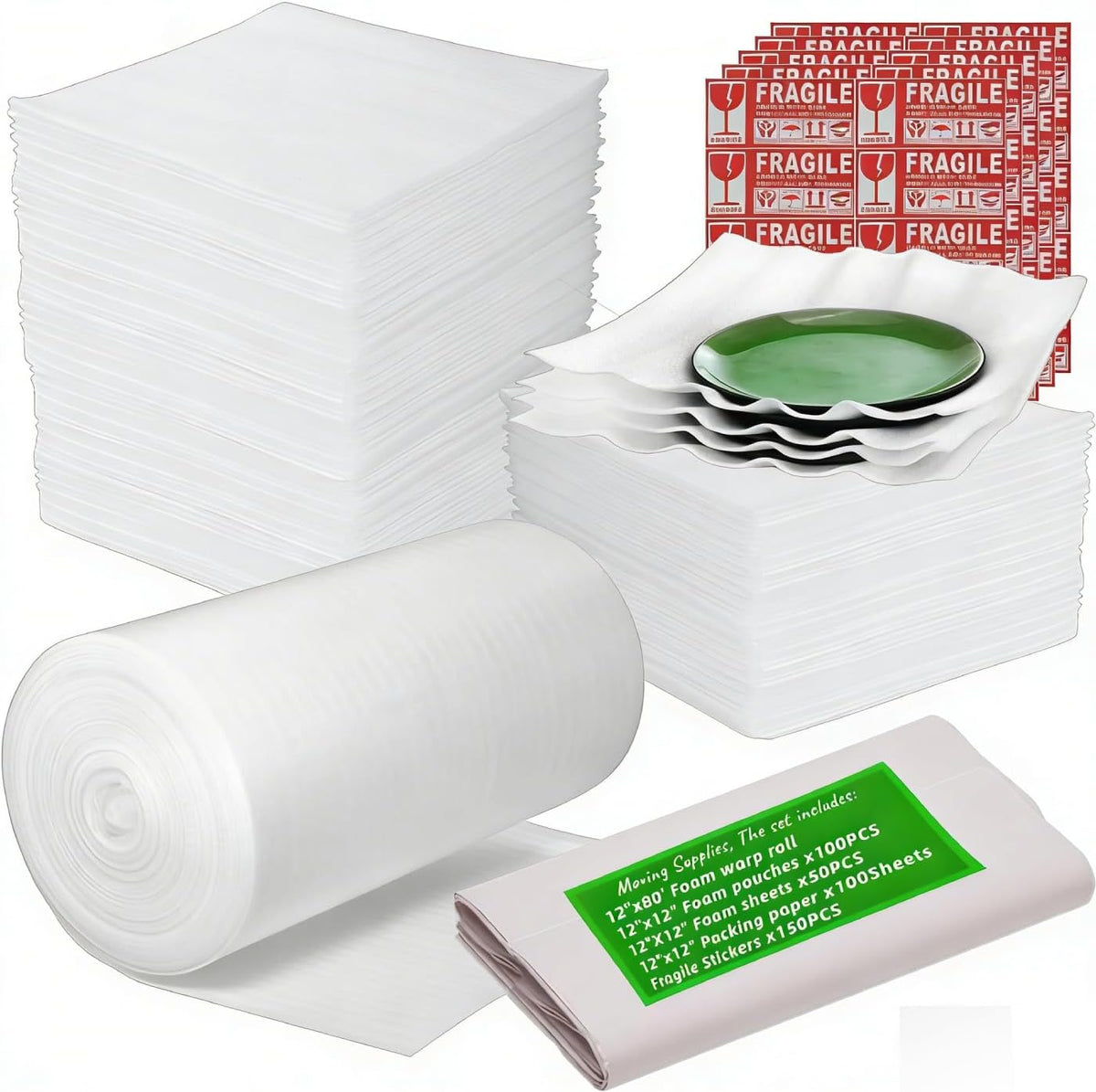 Foam Wrap Roll,100P Foam Pouches, 50P Foam Sheets, 100Sheets Packing Paper