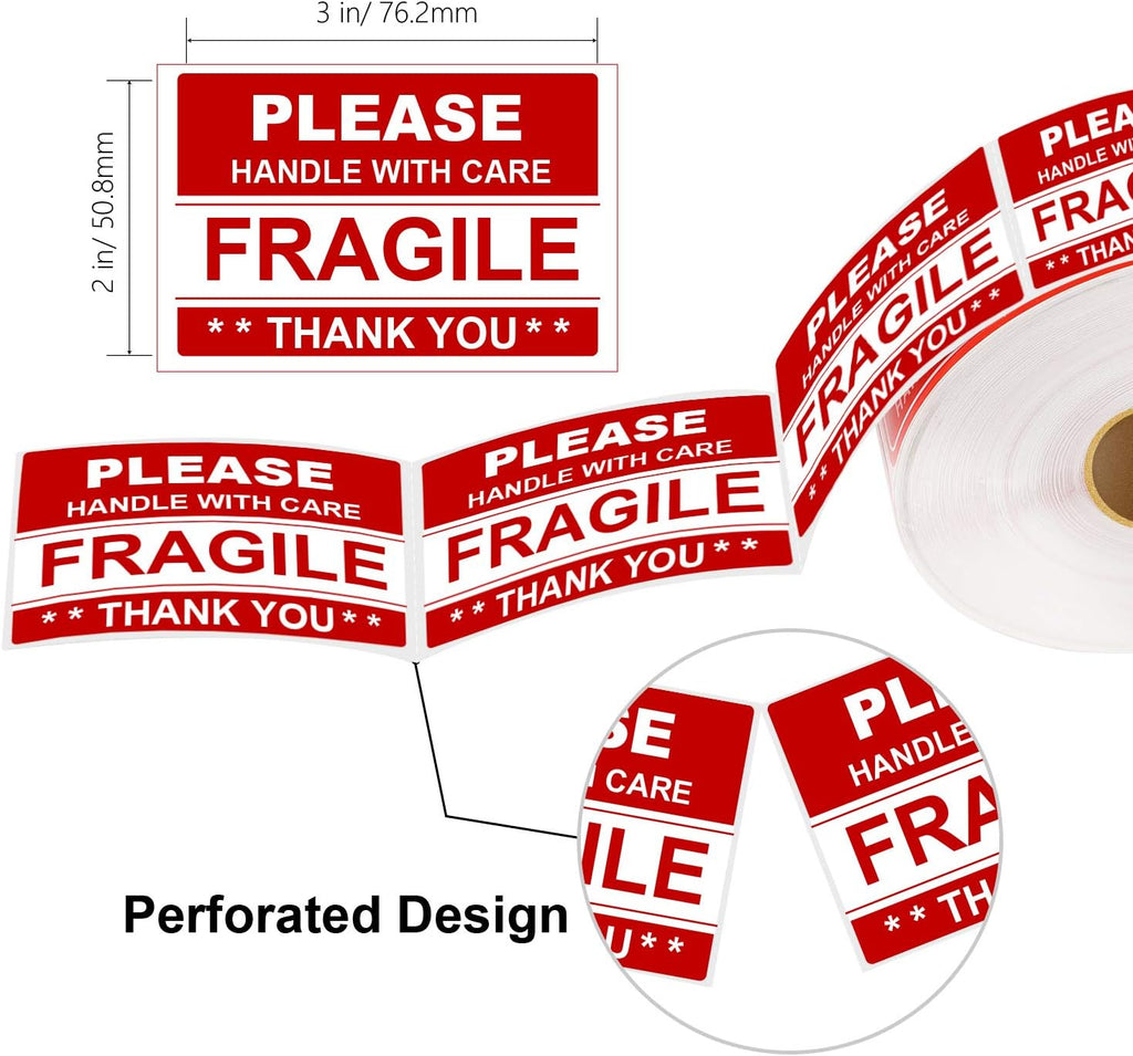 2"x3" 1000 Labels Fragile Stickers for Shipping Moving，500 PCS/Roll，2Rolls