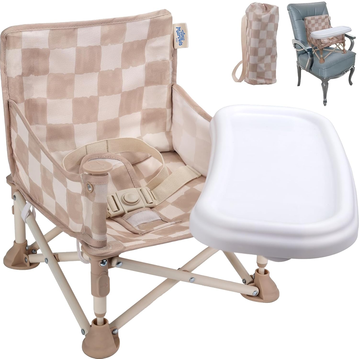 3-in-1 Portable Baby Chair, Foldable Booster Seat with Removable Tray, Safety Harness & Carry Bag for Dining, Travel