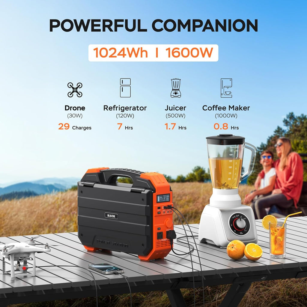 Portable Power Station 1600W (Peak 3200W), Built-in Solar Panel, 1024Wh LiFePO4 Battery, 100W USB-C Fast Charge