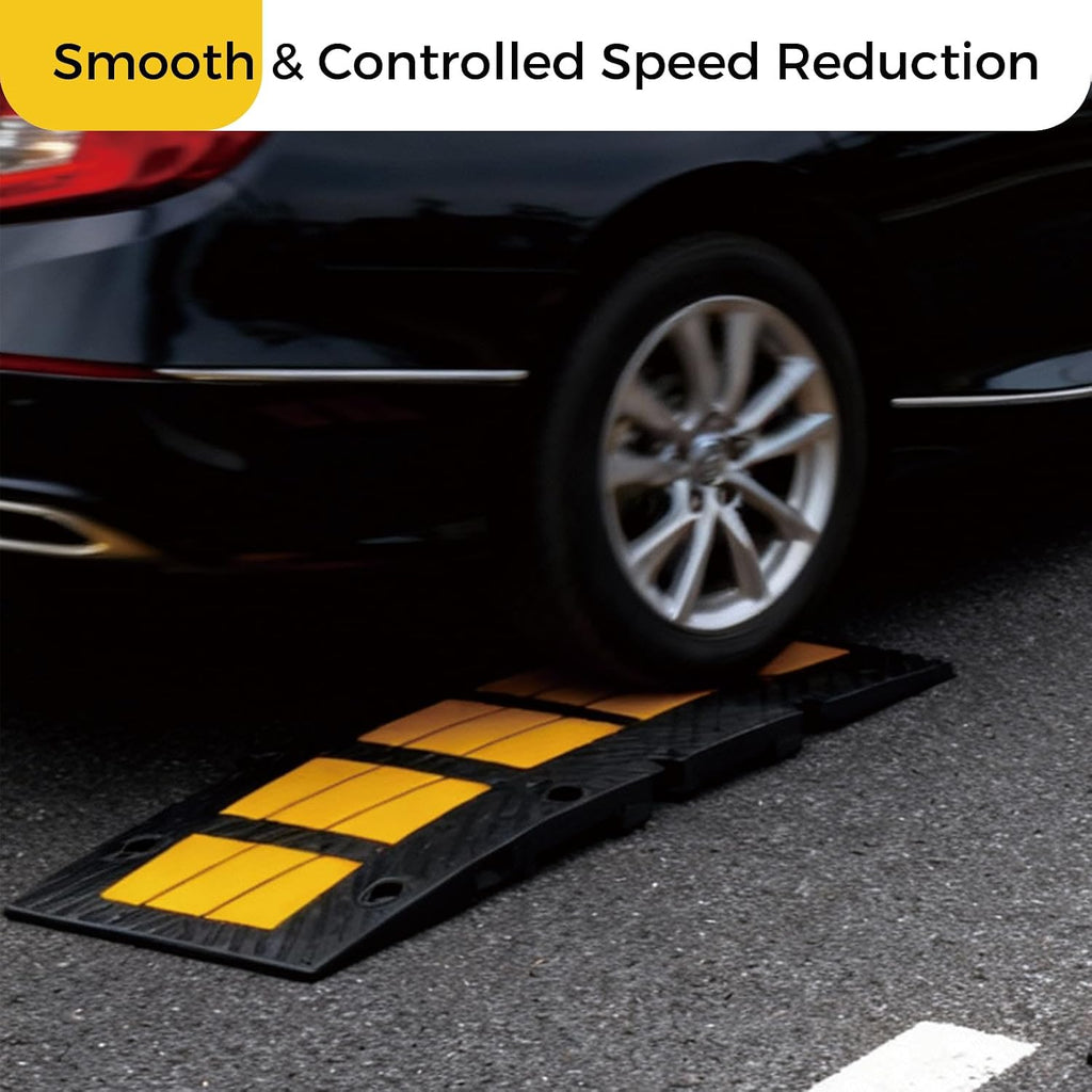 35" Heavy Duty Rubber Speed Bump, 2" High Traffic Speed Hump | Reflective Traffic Speed Hump with Mounting Bolts for