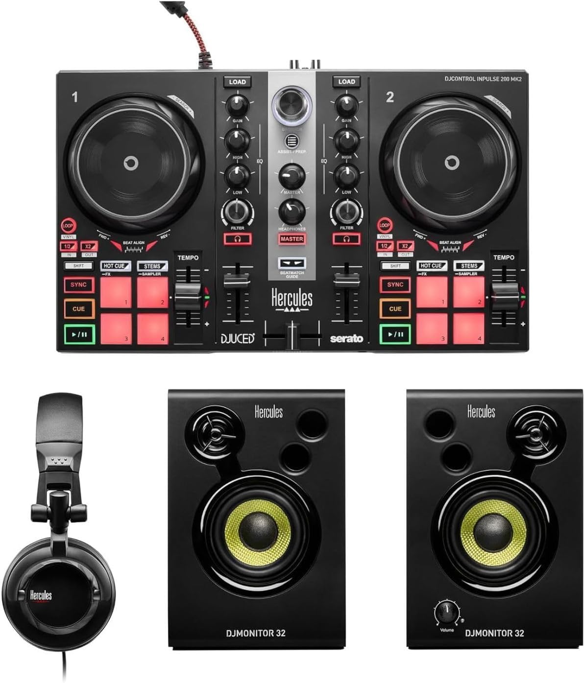 DJLearning Kit MK II, DJ Controller with Speakers and Headphones, Beginner DJ Set with Jog Wheels, 2 Deck DJ Mixer